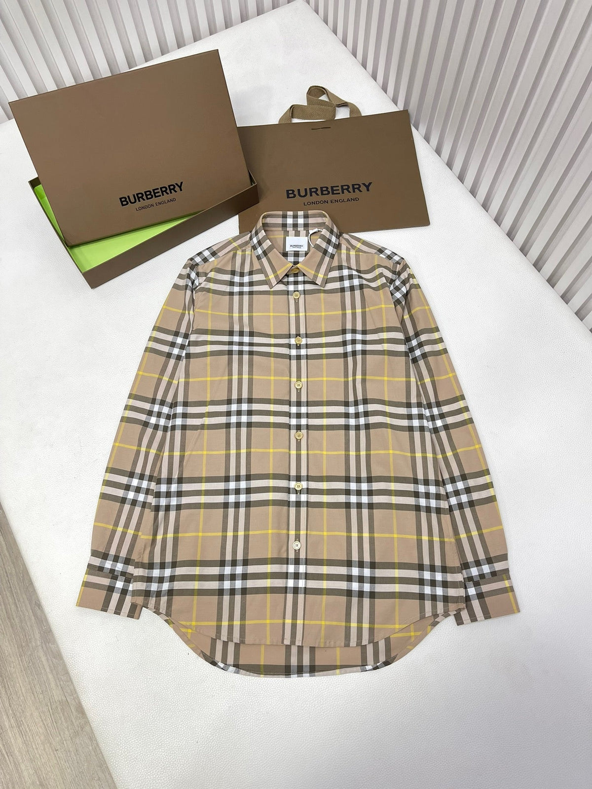 Beige Baumwoll-Karo-Langarmhemd – Herren