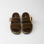 Velvet slides – the footwear defined by metal buckles has comfortable rubber soles and is decorated – LUX VERSE Luxury Designer Fashion Outlet