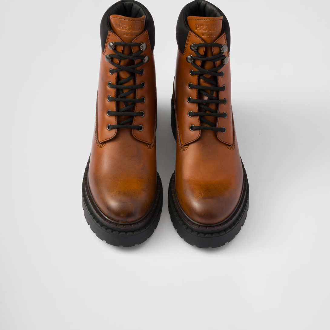 Leather and Re-Nylon booties – leather lining Hot-stamped logo Polyester laces Boot leg: 14 cm Monoblock rubber – LUX VERSE Luxury Designer Fashion Outlet