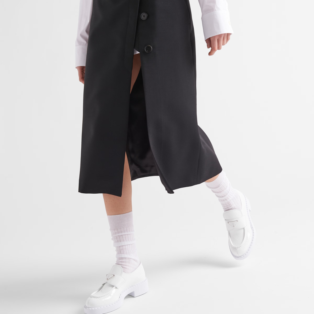  patent leather loafers – leather band on the upper Apron with stitched, raised edge Enameled metal triangle – LUX VERSE Luxury Designer Fashion Outlet