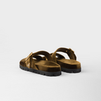 Velvet slides – upper with metal buckle Enameled metal triangle logo Rubber sole, 10 mm – LUX VERSE Luxury Designer Fashion Outlet