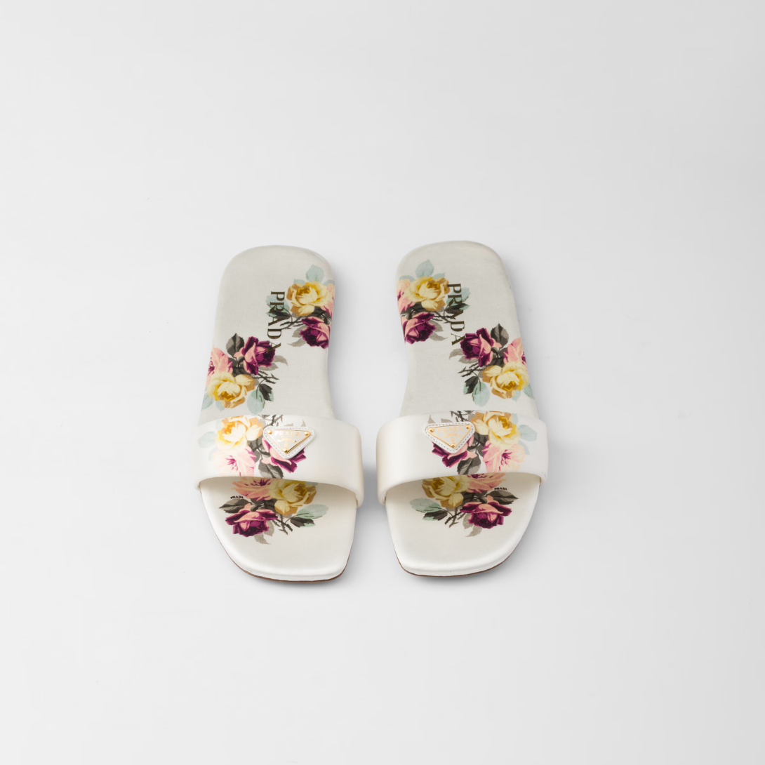 Printed satin slides – these flat sandals feature a sleek design, enriched by the sophisticated finish – LUX VERSE Luxury Designer Fashion Outlet