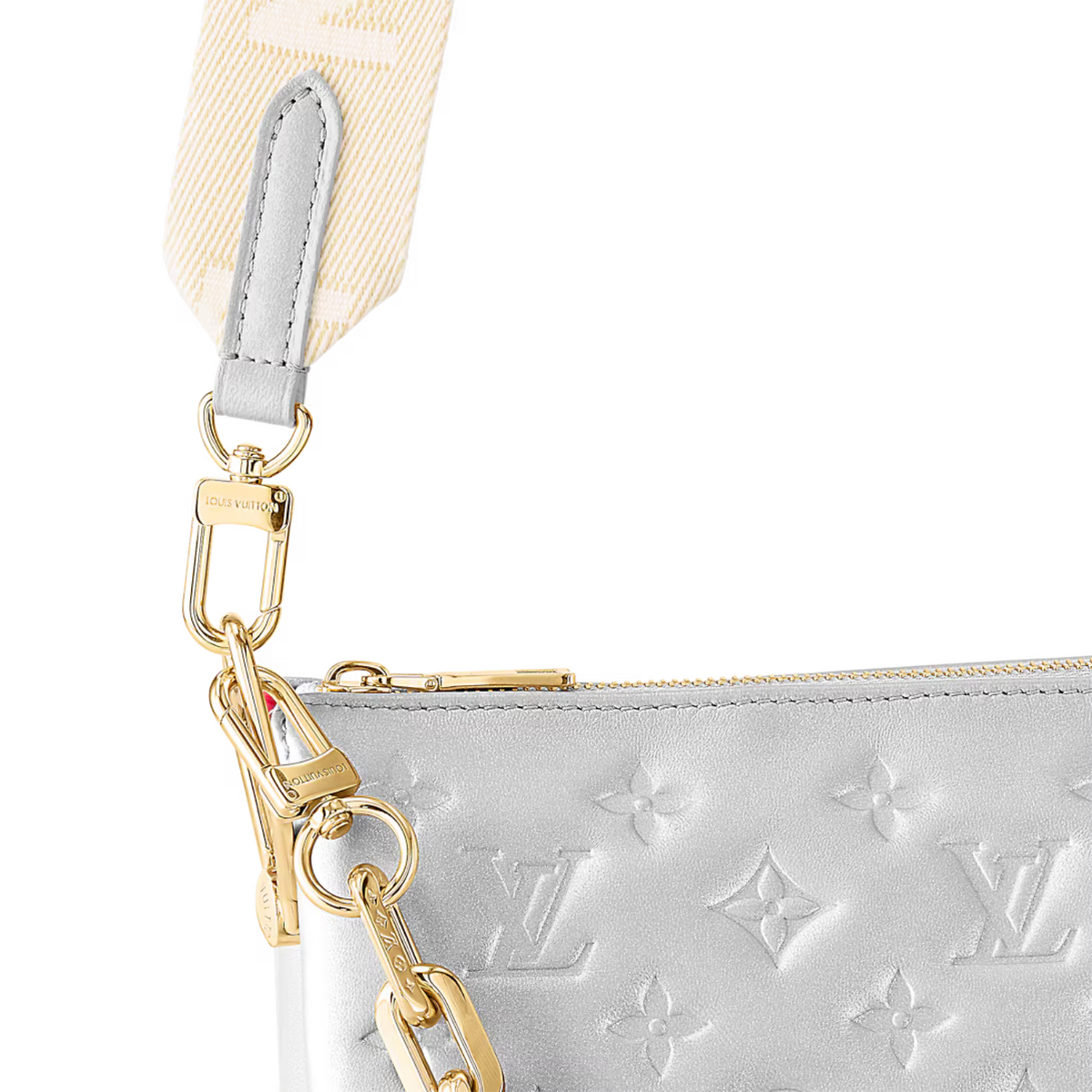 Coussin PM Silver – in addition to the chain, a wide removable textile strap allows shoulder – LUX VERSE Luxury Designer Fashion Outlet