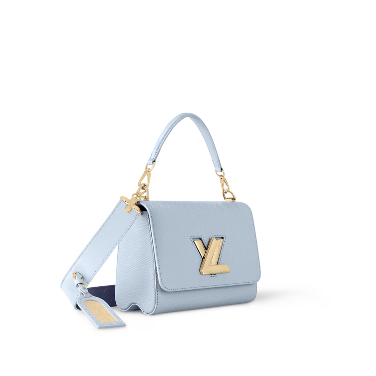 Twist PM Washed Blue – a closer look at the emblematic Twist lock reveals meticulous Monogram engraving – LUX VERSE Luxury Designer Fashion Outlet