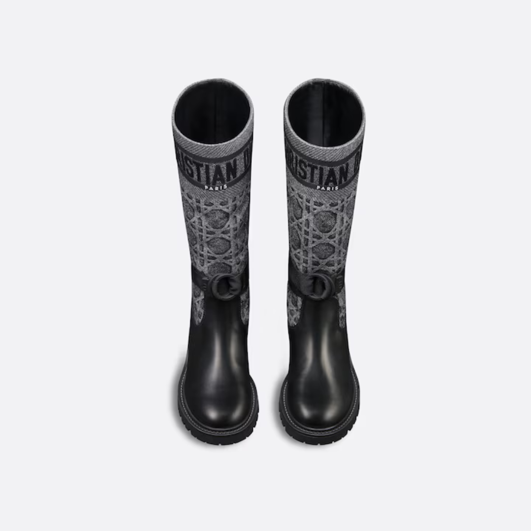 D-Major Boot – joining embroidered cotton featuring a Cannage motif with black calfskin, the style – LUX VERSE Luxury Designer Fashion Outlet
