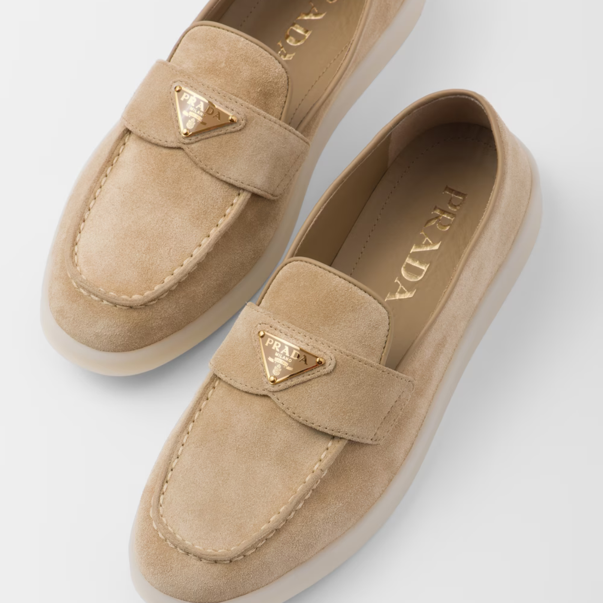 Suede leather loafers – upper with leather band Leather lining Enameled metal triangle logo Rubber sole – LUX VERSE Luxury Designer Fashion Outlet