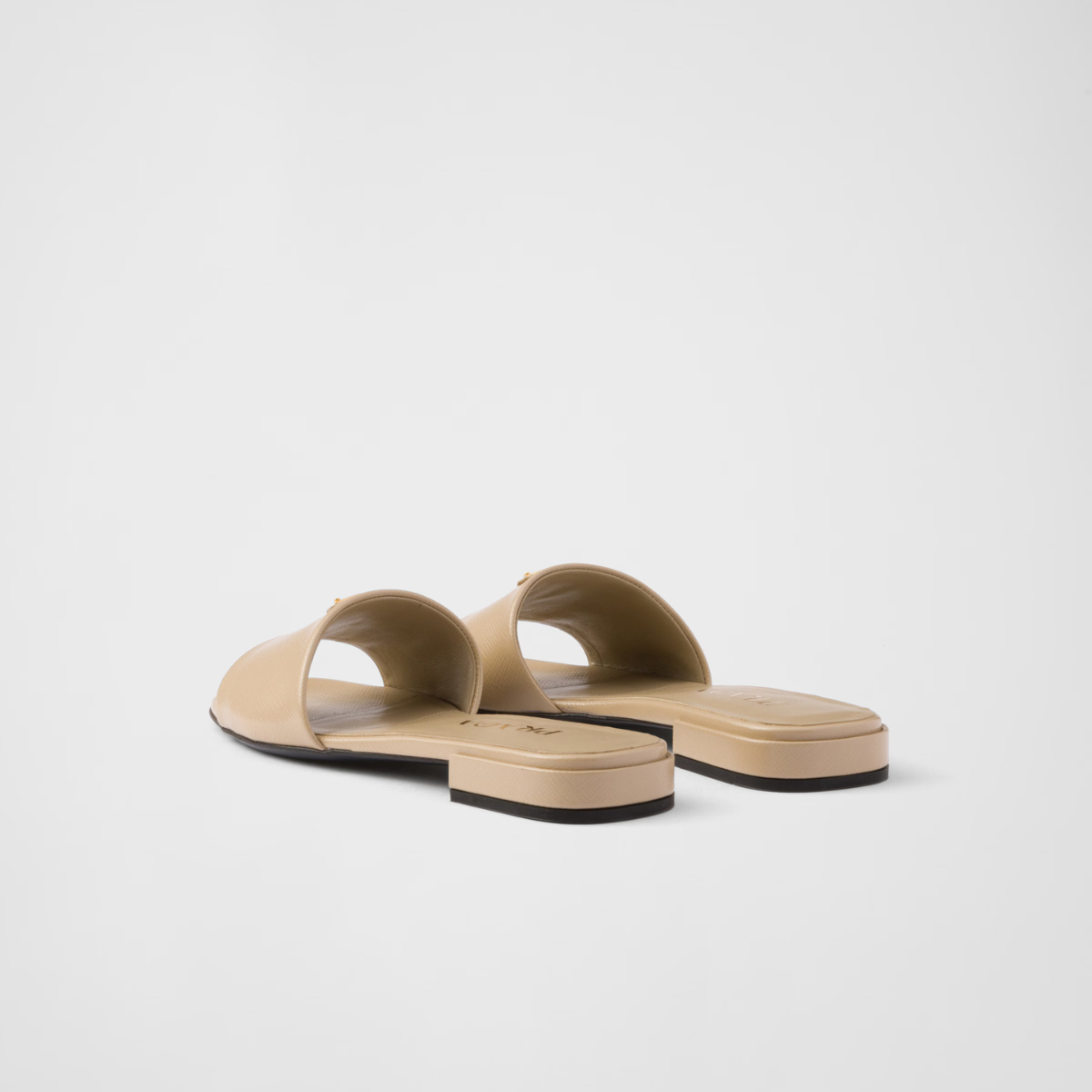 Saffiano patent leather slides – enameled metal triangle logo Leather sole with hot-stamped logo Leather-covered, – LUX VERSE Luxury Designer Fashion Outlet