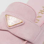 Suede mules – upper with leather band Leather lining Enameled metal triangle logo Rubber sole – LUX VERSE Luxury Designer Fashion Outlet