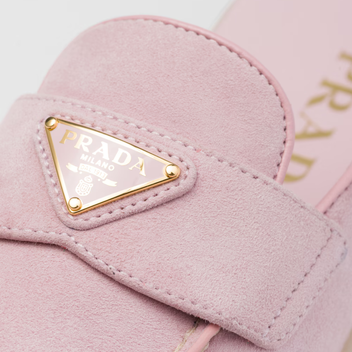 Suede mules – upper with leather band Leather lining Enameled metal triangle logo Rubber sole – LUX VERSE Luxury Designer Fashion Outlet
