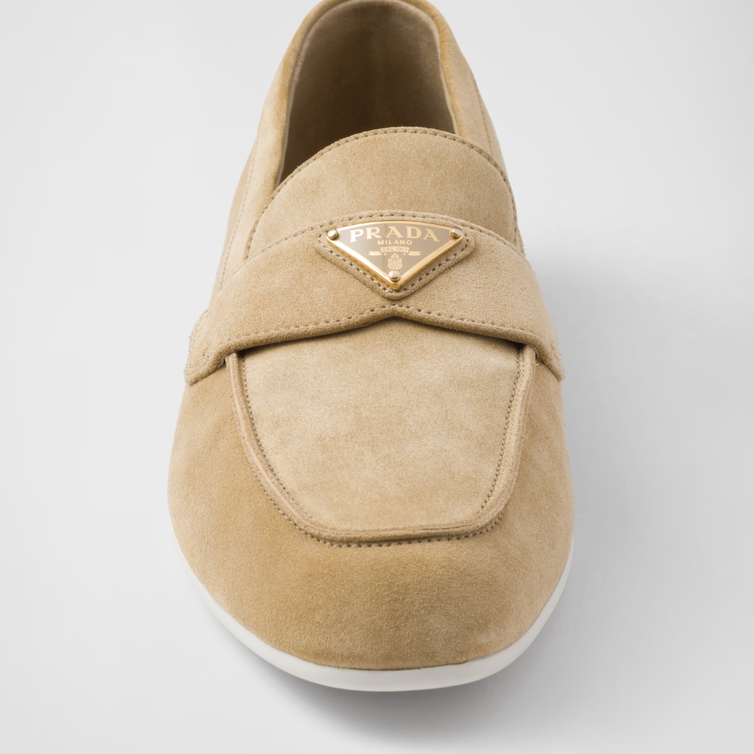 Suede loafers – upper with leather band Apron with pinched stitch seam Leather lining Enameled metal – LUX VERSE Luxury Designer Fashion Outlet