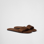 Satin slides – enameled metal triangle logo Monoblock leather sole, 5 mm, with hot-stamped logo – LUX VERSE Luxury Designer Fashion Outlet