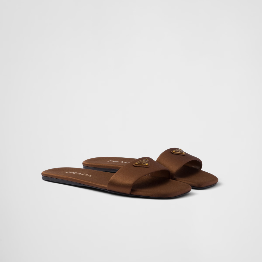 Satin slides – enameled metal triangle logo Monoblock leather sole, 5 mm, with hot-stamped logo – LUX VERSE Luxury Designer Fashion Outlet