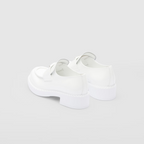 patent leather loafers – leather band on the upper Apron with stitched, raised edge Enameled metal triangle – LUX VERSE Luxury Designer Fashion Outlet