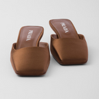 Satin mules – leather sole Varnished heel with logo, height: 35 mm Imported – LUX VERSE Luxury Designer Fashion Outlet