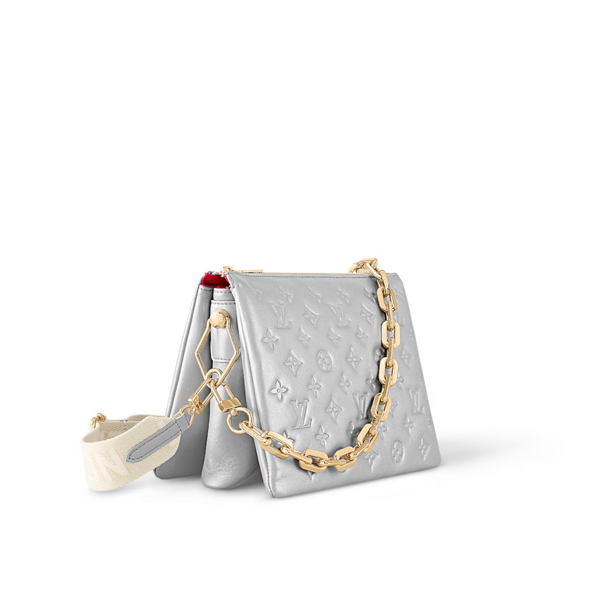 Coussin PM Silver – finished with gold-color hardware, including a chunky chain, it’s glamorously – LUX VERSE Luxury Designer Fashion Outlet