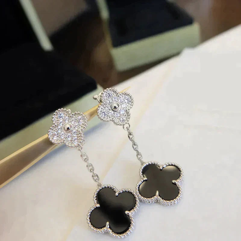 Clover 2 Motifs  Diamond Onyx Earrings Silver – LUX VERSE Luxury Designer Fashion Outlet