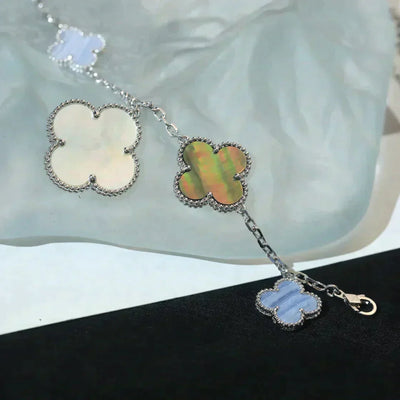 MAGIC CLOVER 5 MOTIFS MOP CHALCEDONY BRACELET  SILVER