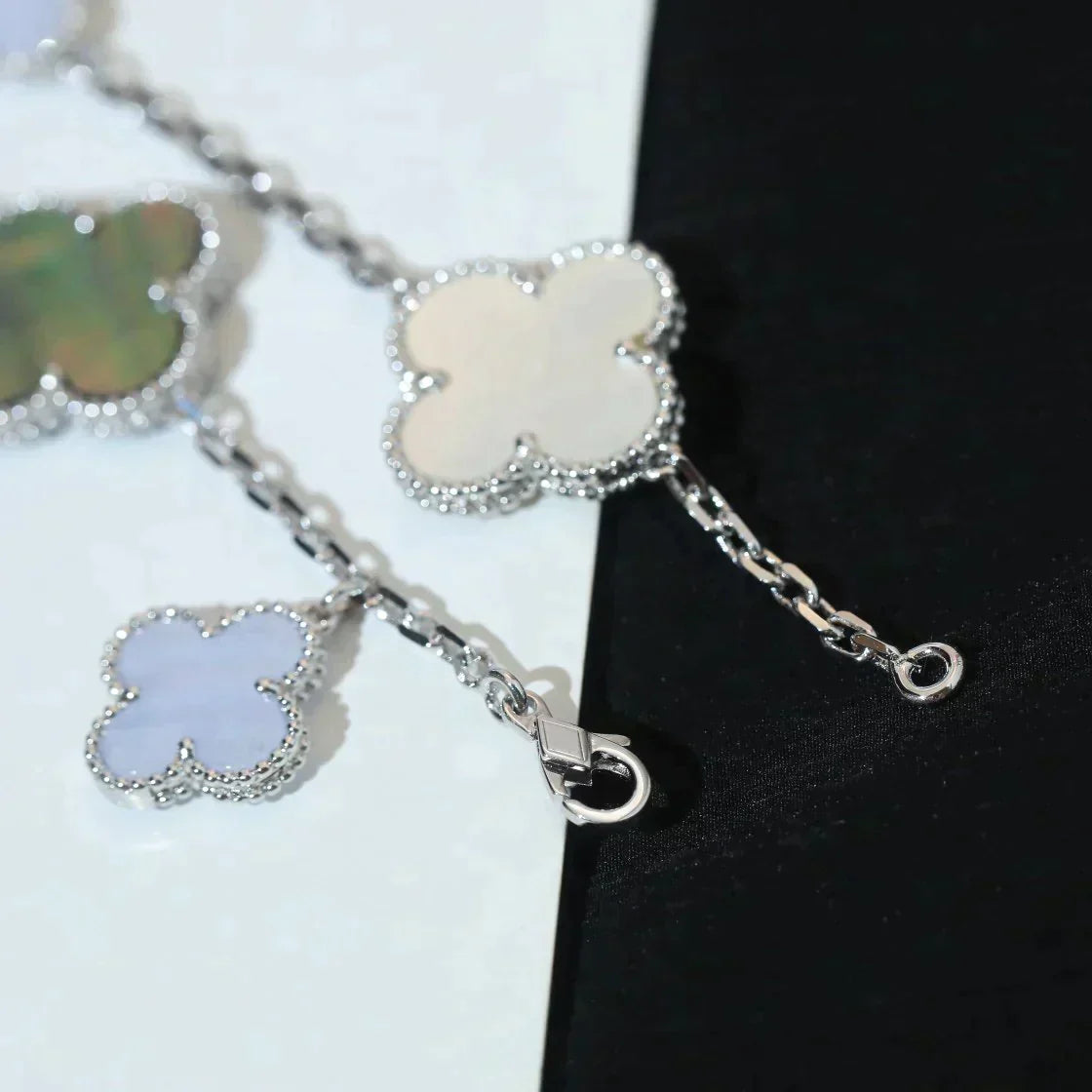 Magic Clover 5 Motifs Mop Chalcedony Bracelet  Silver – LUX VERSE Luxury Designer Fashion Outlet