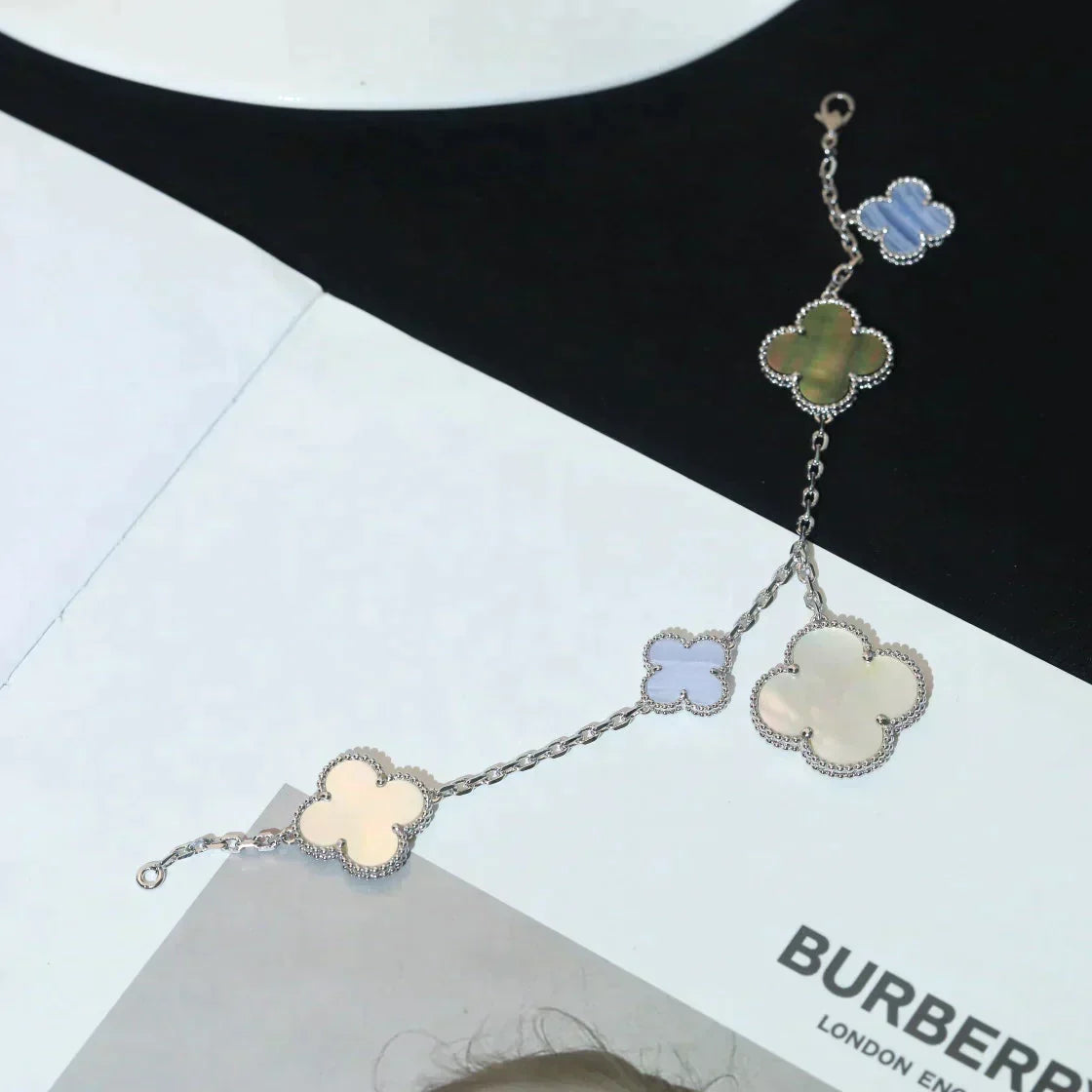 Magic Clover 5 Motifs Mop Chalcedony Bracelet  Silver – LUX VERSE Luxury Designer Fashion Outlet