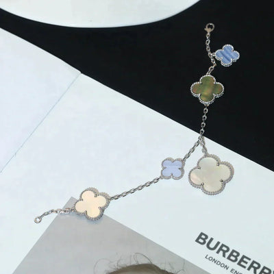 MAGIC CLOVER 5 MOTIFS MOP CHALCEDONY BRACELET  SILVER