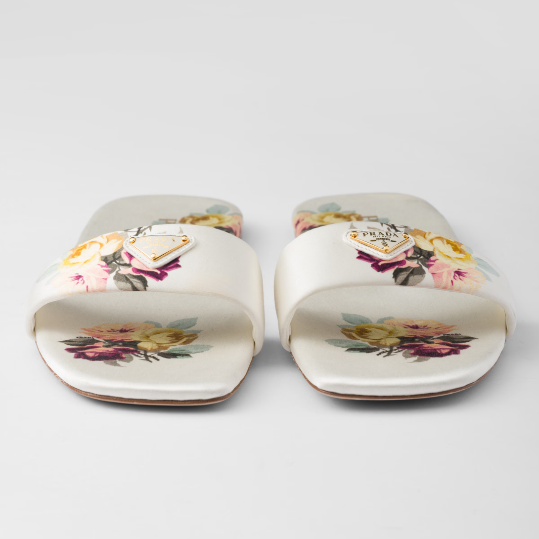 Printed satin slides – enameled metal triangle logo Monoblock leather sole, 05 mm, with hot-stamped logo – LUX VERSE Luxury Designer Fashion Outlet