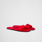 Satin slides – enameled metal triangle logo Monoblock leather sole, 5 mm, with hot-stamped logo – LUX VERSE Luxury Designer Fashion Outlet