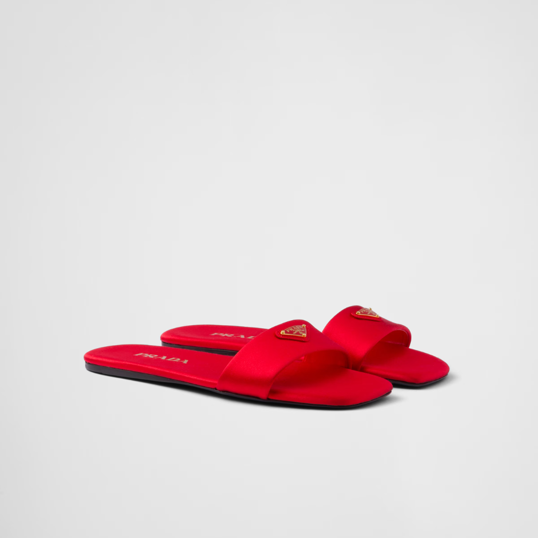 Satin slides – enameled metal triangle logo Monoblock leather sole, 5 mm, with hot-stamped logo – LUX VERSE Luxury Designer Fashion Outlet