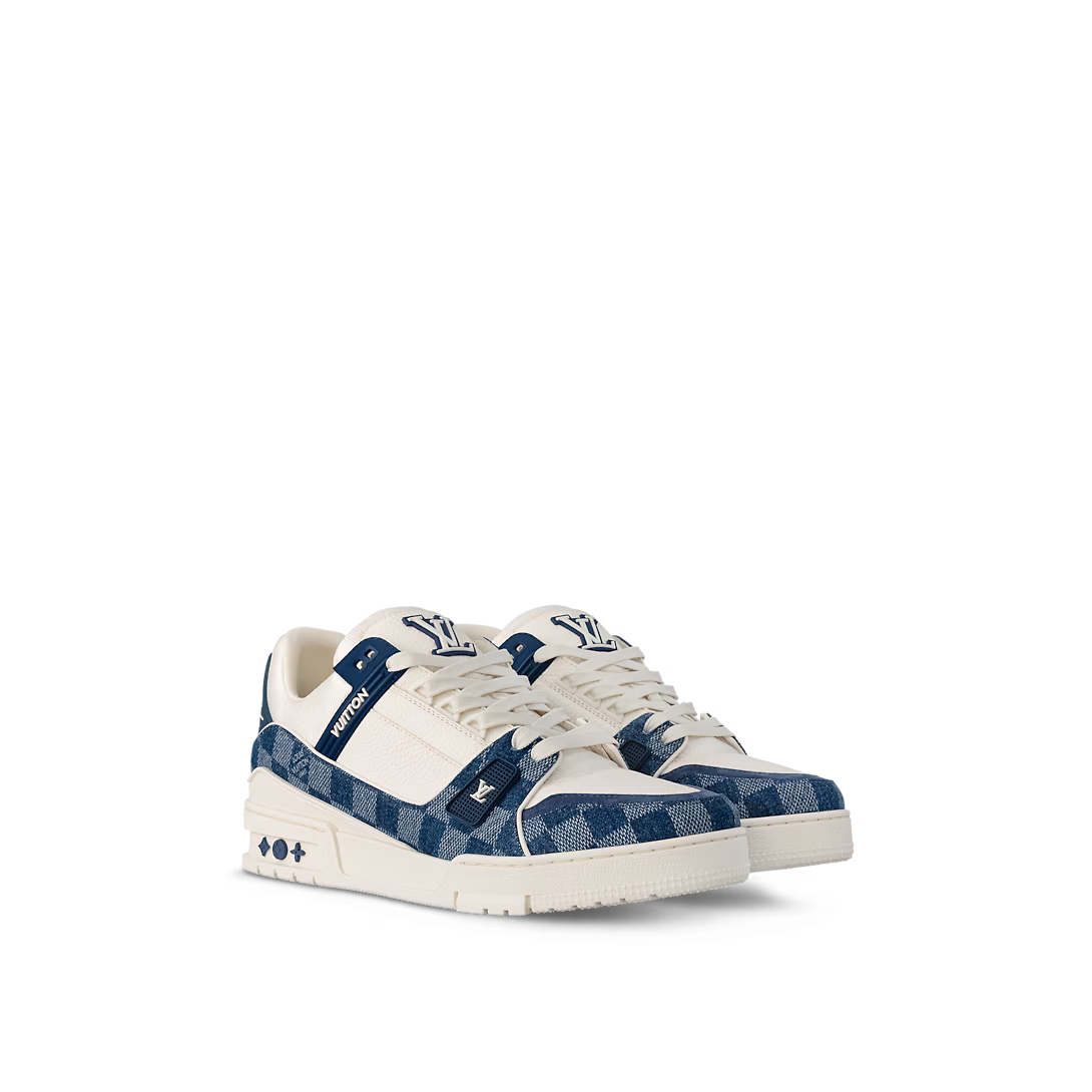 Trainer Smooth Sneaker – this edition of the Trainer sneaker pairs Damier denim with smooth calf leather – LUX VERSE Luxury Designer Fashion Outlet