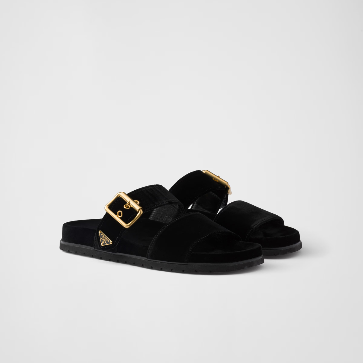 Velvet slides – upper with metal buckle Enameled metal triangle logo Rubber sole, 10 mm – LUX VERSE Luxury Designer Fashion Outlet