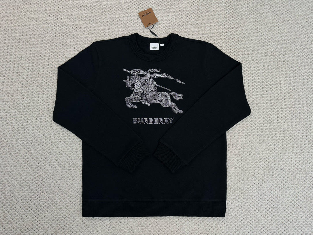 Black Cotton Knight Print Crewneck - Men's