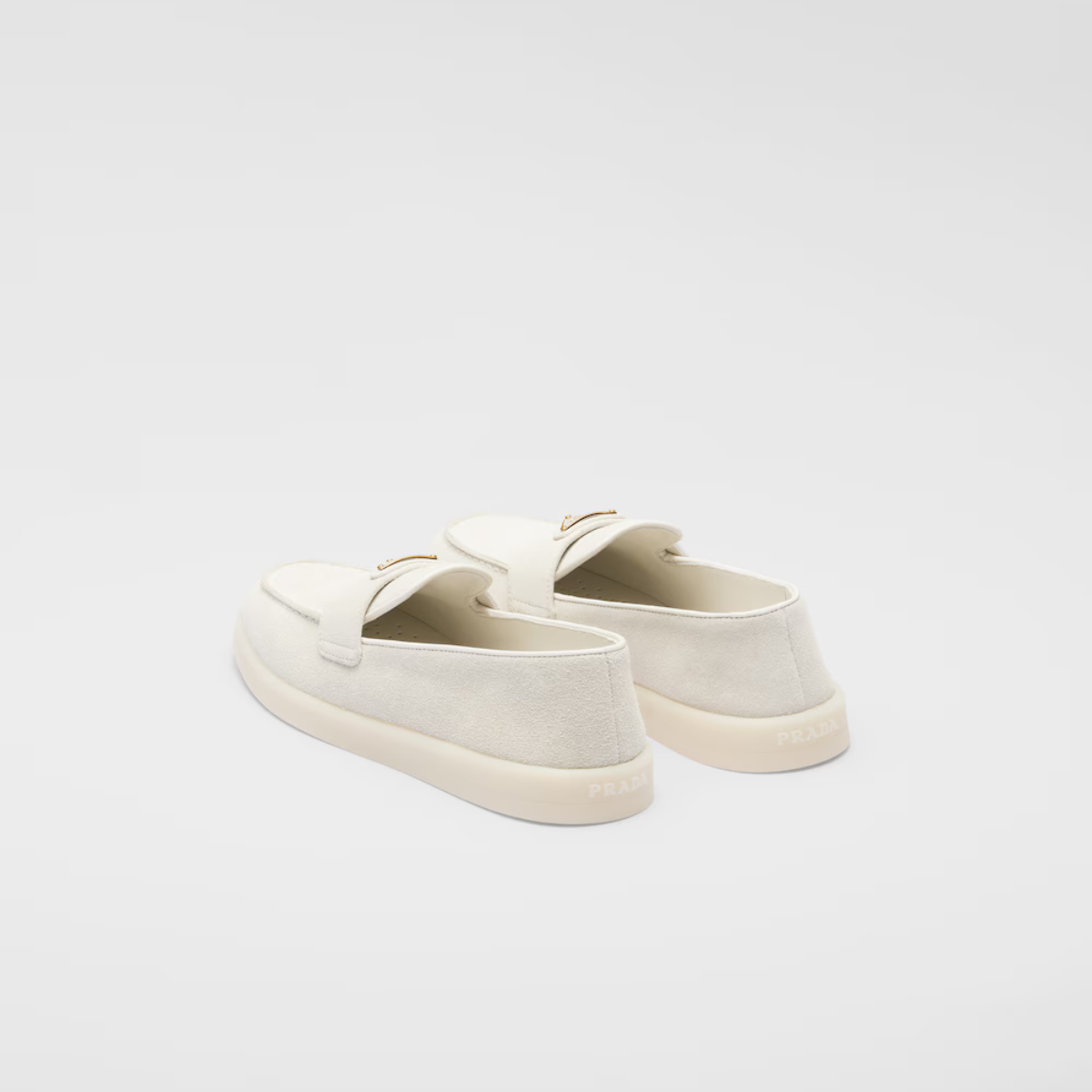 Suede leather loafers – upper with leather band Leather lining Enameled metal triangle logo Rubber sole – LUX VERSE Luxury Designer Fashion Outlet