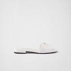 Saffiano patent leather slides – enameled metal triangle logo Leather sole with hot-stamped logo Leather-covered, – LUX VERSE Luxury Designer Fashion Outlet