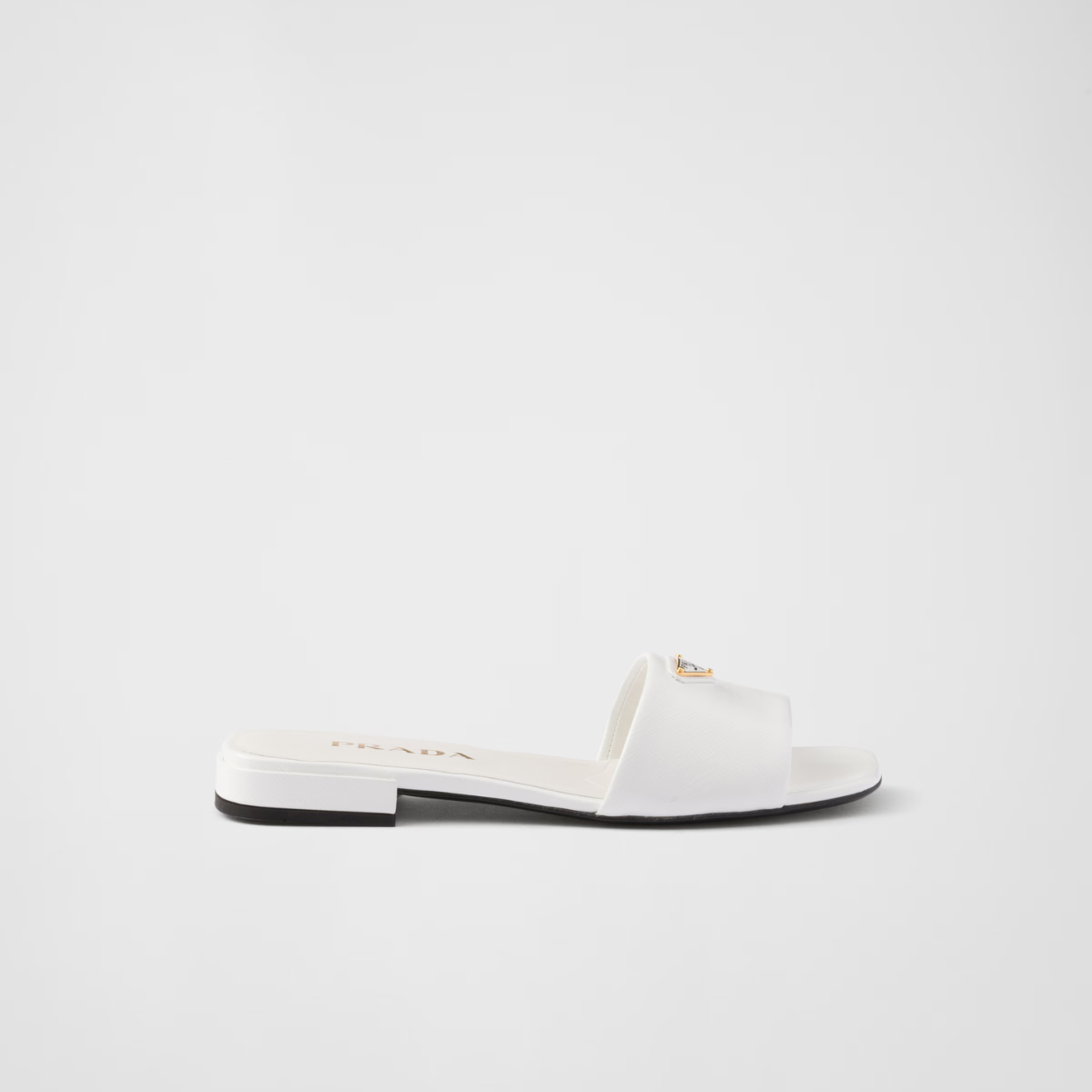 Saffiano patent leather slides – enameled metal triangle logo Leather sole with hot-stamped logo Leather-covered, – LUX VERSE Luxury Designer Fashion Outlet