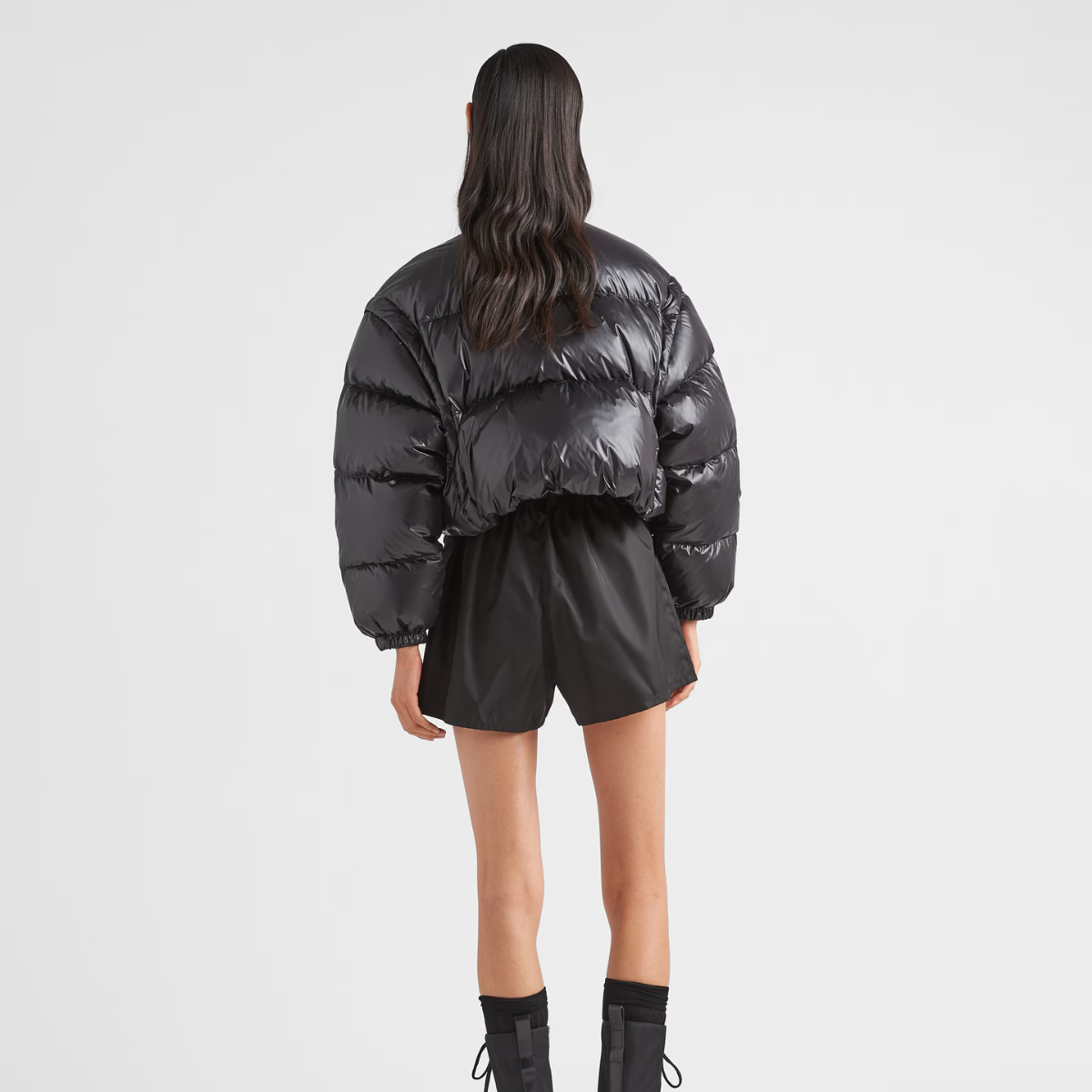 Re-Nylon cropped convertible down jacket – cropped fit Goose-down padding Stand-up collar Detachable sleeves Elasticized cuffs – LUX VERSE Luxury Designer Fashion Outlet