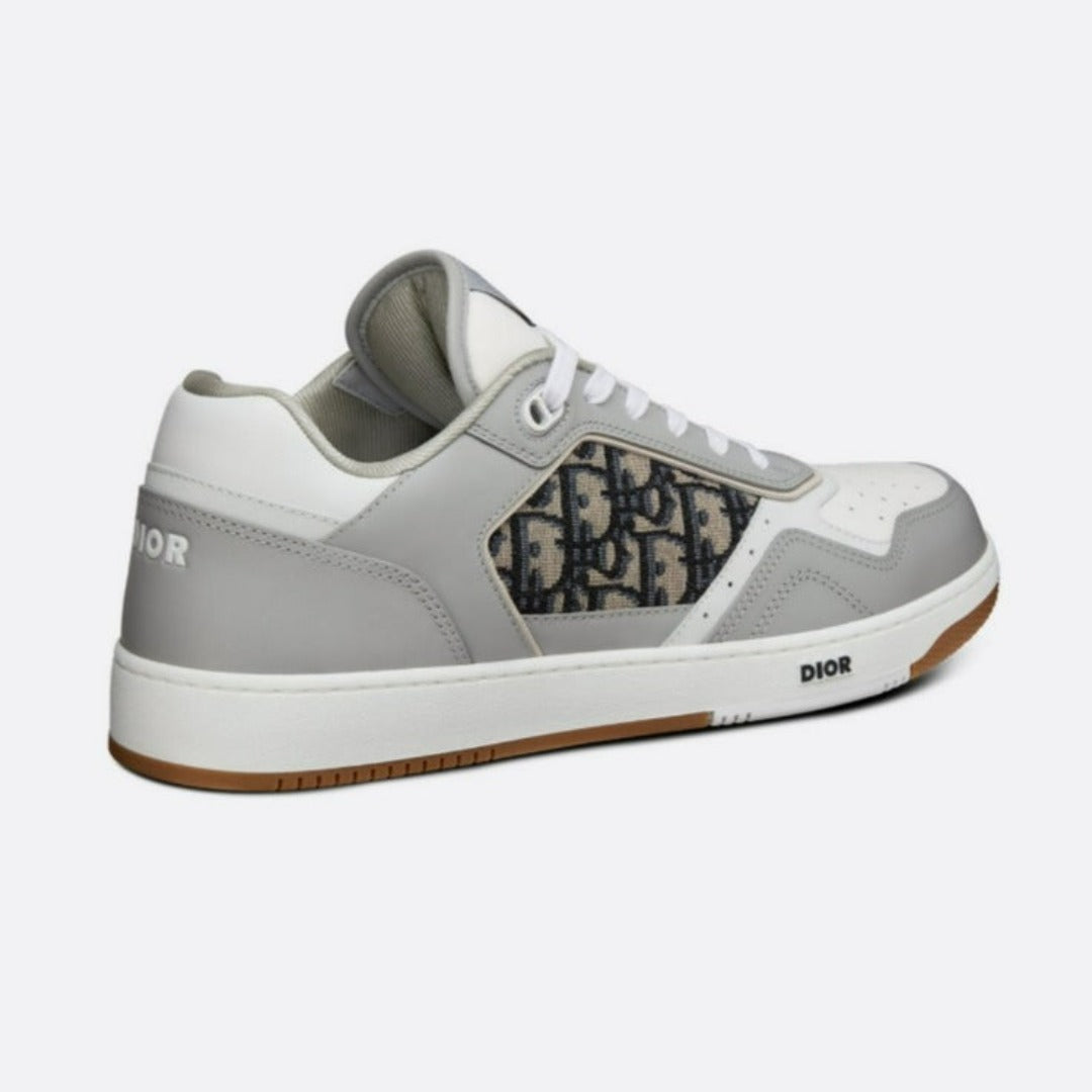 Low-Top Oblique Jacquard Sneaker – crafted in gray and white smooth calfskin, the style is adorned with beige and black – LUX VERSE Luxury Designer Fashion Outlet