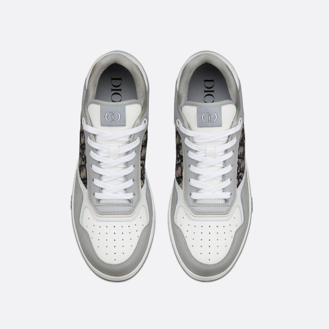 Low-Top Oblique Jacquard Sneaker – crafted in gray and white smooth calfskin, the style is adorned with beige and black – LUX VERSE Luxury Designer Fashion Outlet