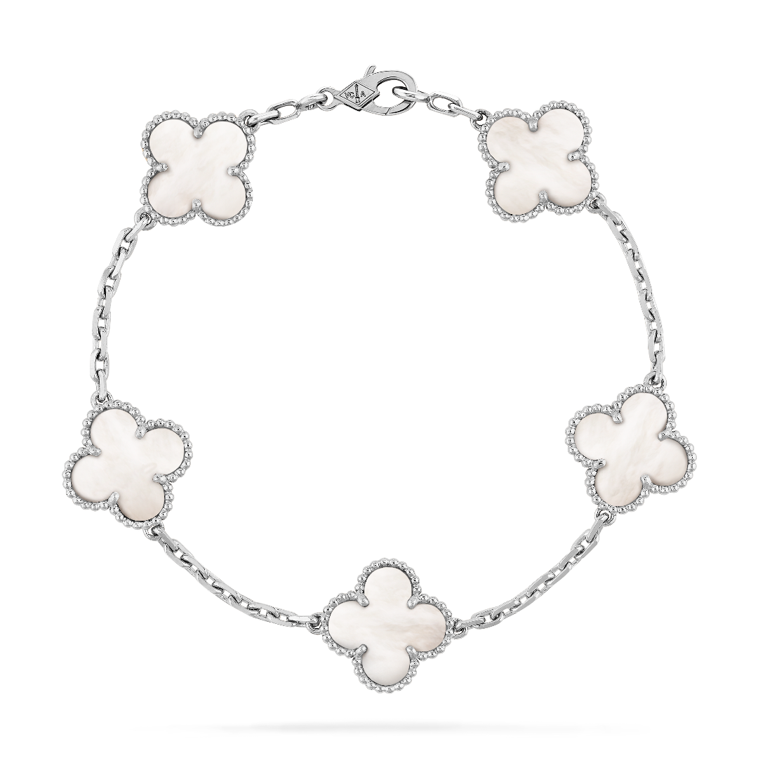 Pulsera Vintage Alhambra – vintage Alhambra bracelet, 5 motifs, rhodium plated 18K white gold, white – LUX VERSE Luxury Designer Fashion Outlet