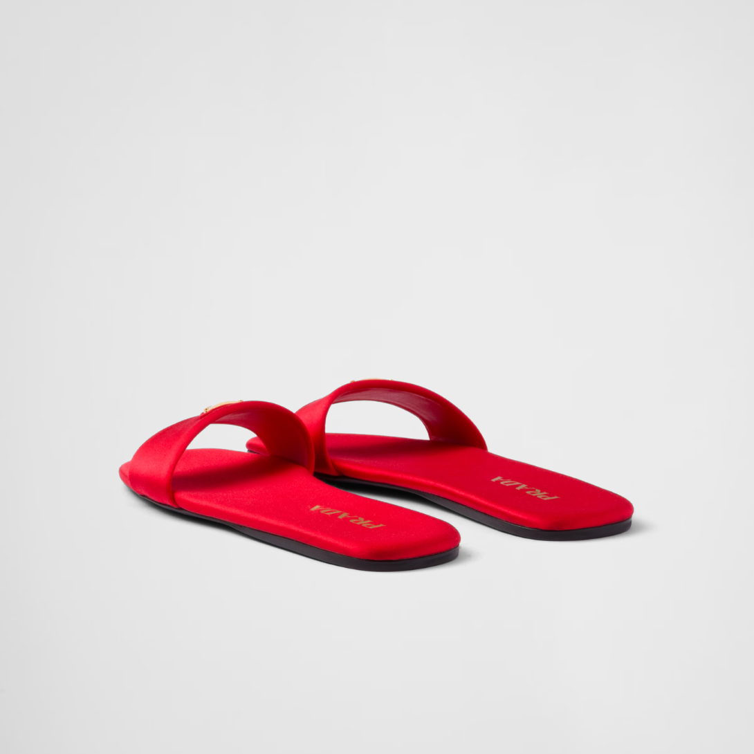 Satin slides – the flat, sleek silhouette with a square toe is completed by the iconic signature – LUX VERSE Luxury Designer Fashion Outlet
