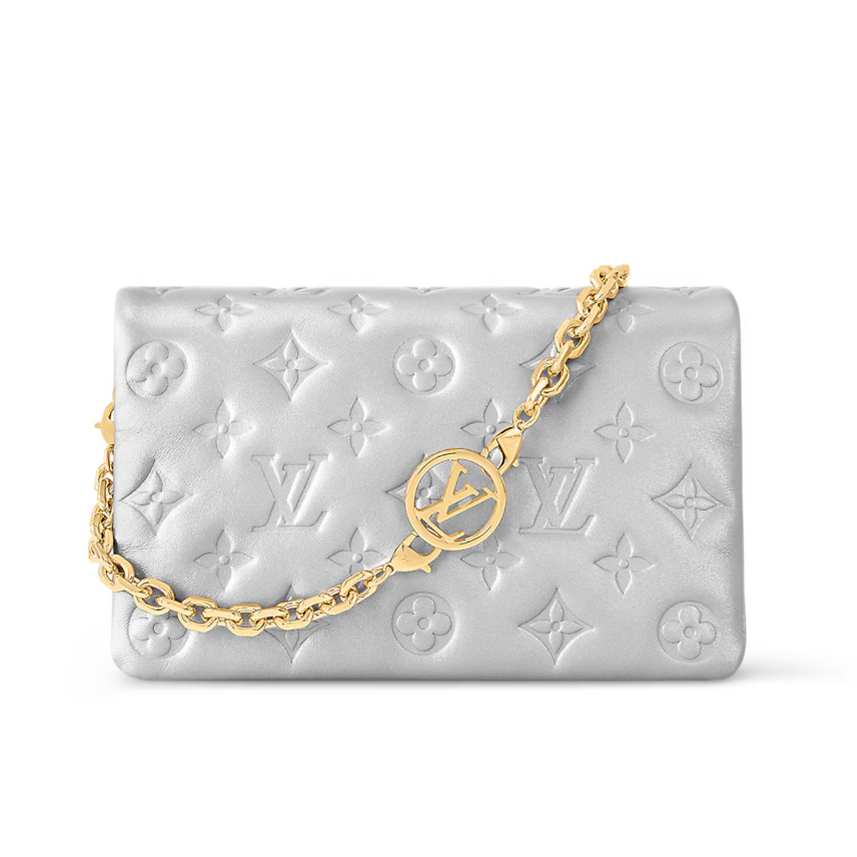 Pochette Coussin Silver – the Pochette Coussin is crafted from soft lambskin, which is embossed with – LUX VERSE Luxury Designer Fashion Outlet