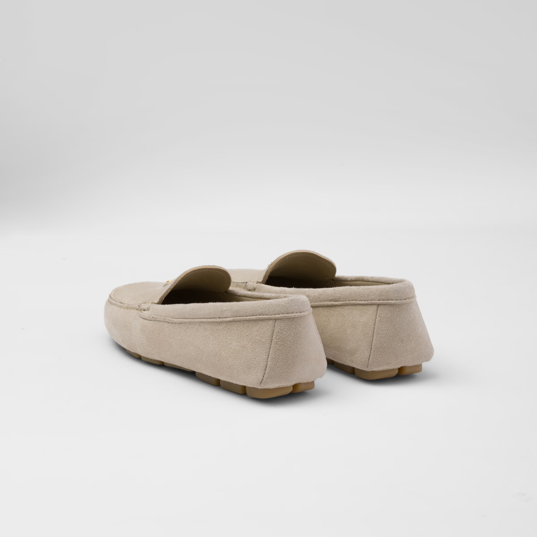 Suede driving loafers – the enameled metal triangle logo completes the shoe with its iconic signature – LUX VERSE Luxury Designer Fashion Outlet