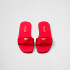Satin slides – enameled metal triangle logo Monoblock leather sole, 5 mm, with hot-stamped logo – LUX VERSE Luxury Designer Fashion Outlet