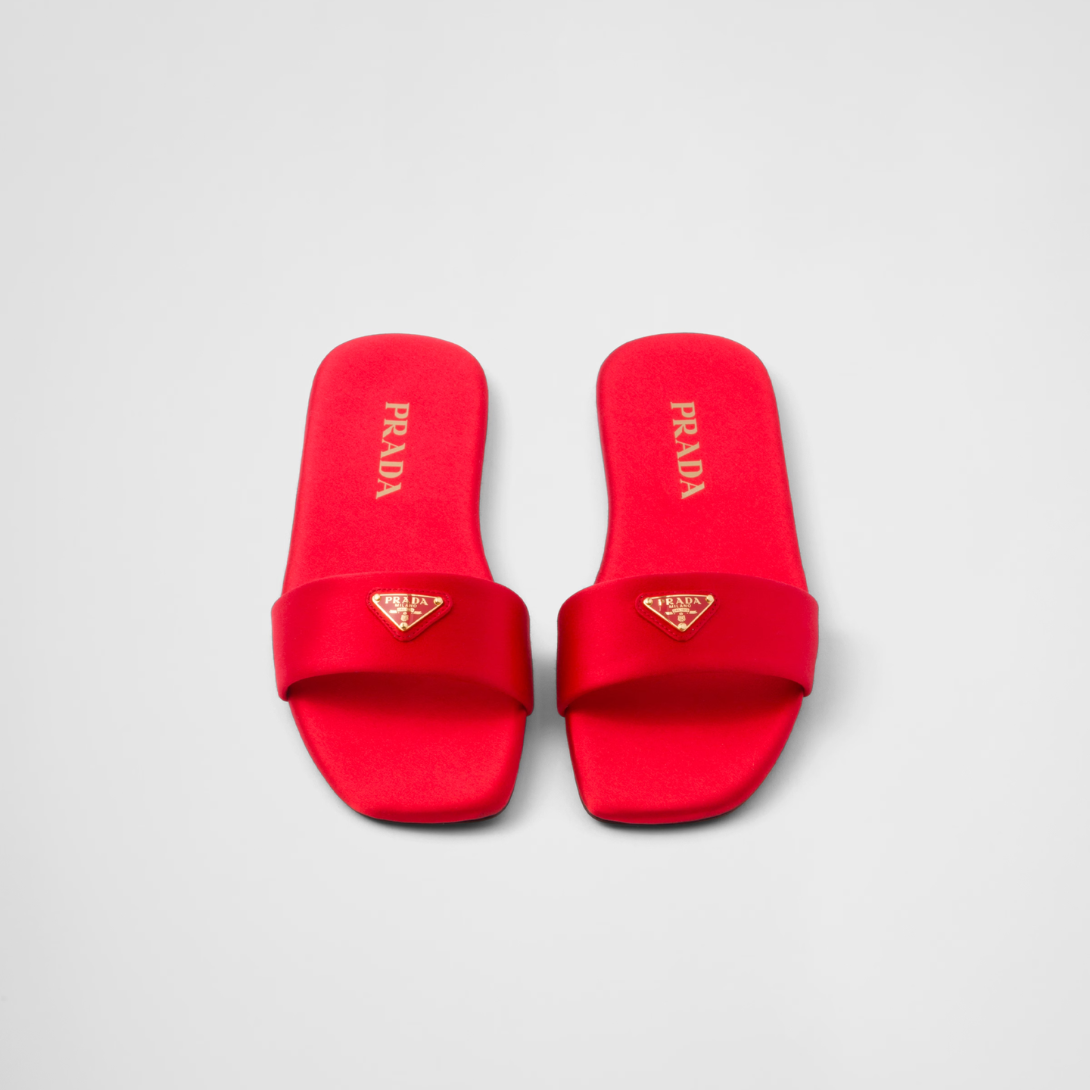Satin slides – enameled metal triangle logo Monoblock leather sole, 5 mm, with hot-stamped logo – LUX VERSE Luxury Designer Fashion Outlet