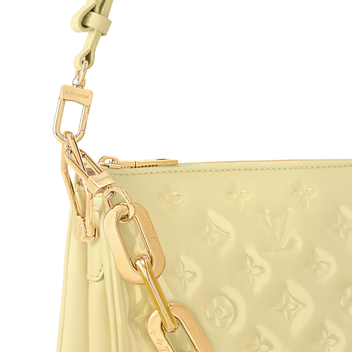 Coussin BB Varnished Calfskin – the removable chain features tone-on-tone resin inserts matching the Chic & Yellow – LUX VERSE Luxury Designer Fashion Outlet