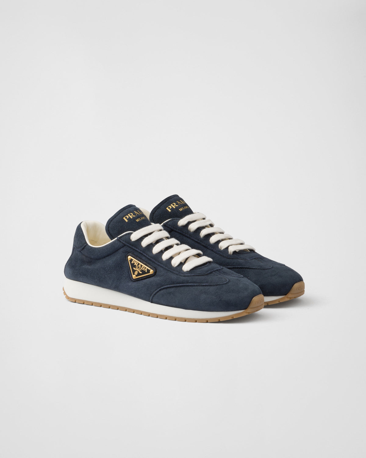 Suede Leather sneakers – the iconic enameled metal triangle logo embellishes the suede upper that combines – LUX VERSE Luxury Designer Fashion Outlet