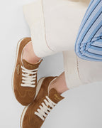 Suede running sneakers – leather lining Enameled metal triangle logo Cotton laces Rubber sole, 25 mm Tread – LUX VERSE Luxury Designer Fashion Outlet