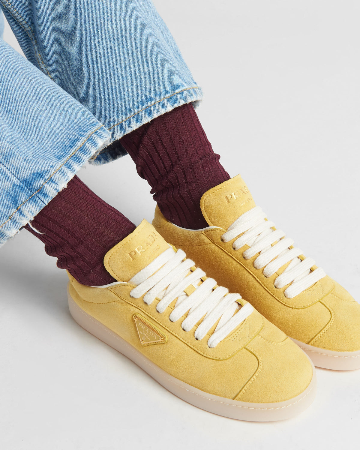 Suede sneakers – the iconic enameled metal triangle logo embellishes the suede upper that combines – LUX VERSE Luxury Designer Fashion Outlet