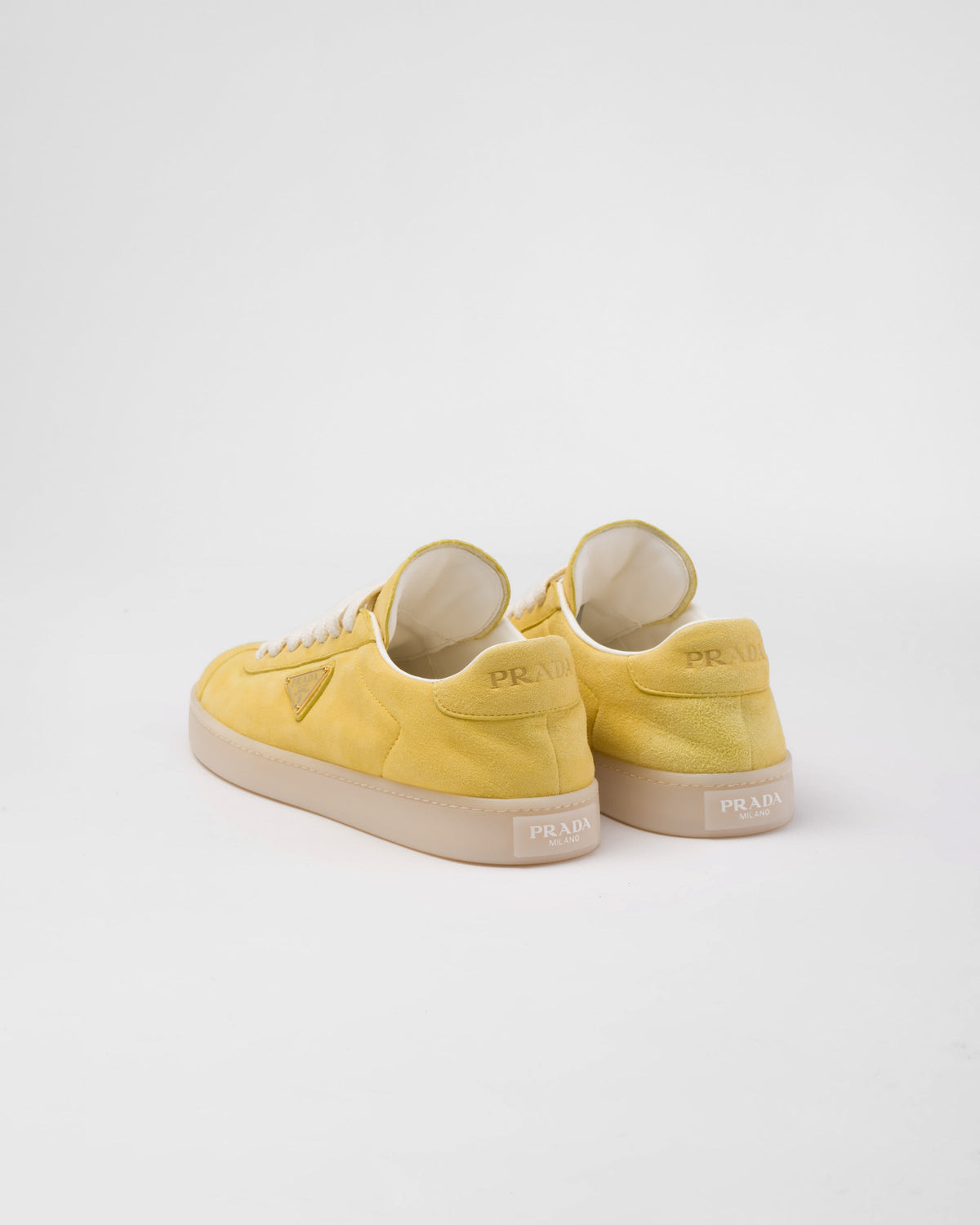 Suede sneakers – leather lining Enameled metal triangle logo Flat cotton laces Rubber sole, 25 mm – LUX VERSE Luxury Designer Fashion Outlet