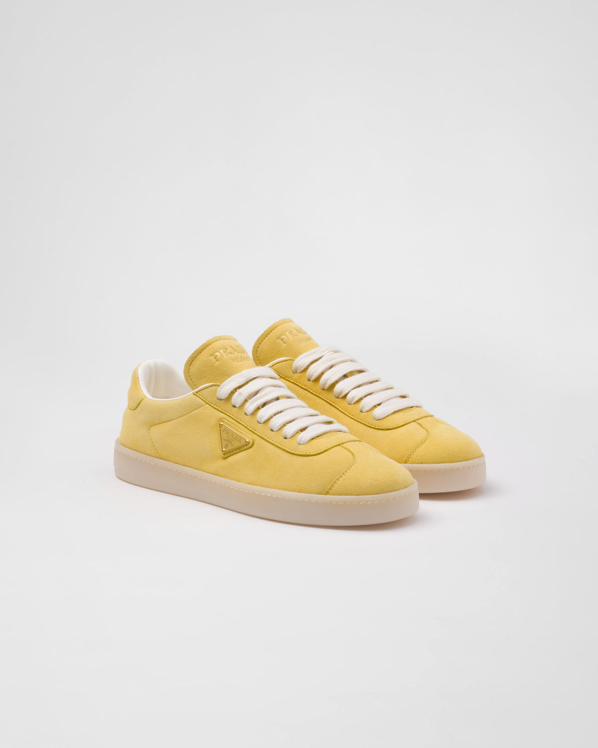 Suede sneakers – leather lining Enameled metal triangle logo Flat cotton laces Rubber sole, 25 mm – LUX VERSE Luxury Designer Fashion Outlet