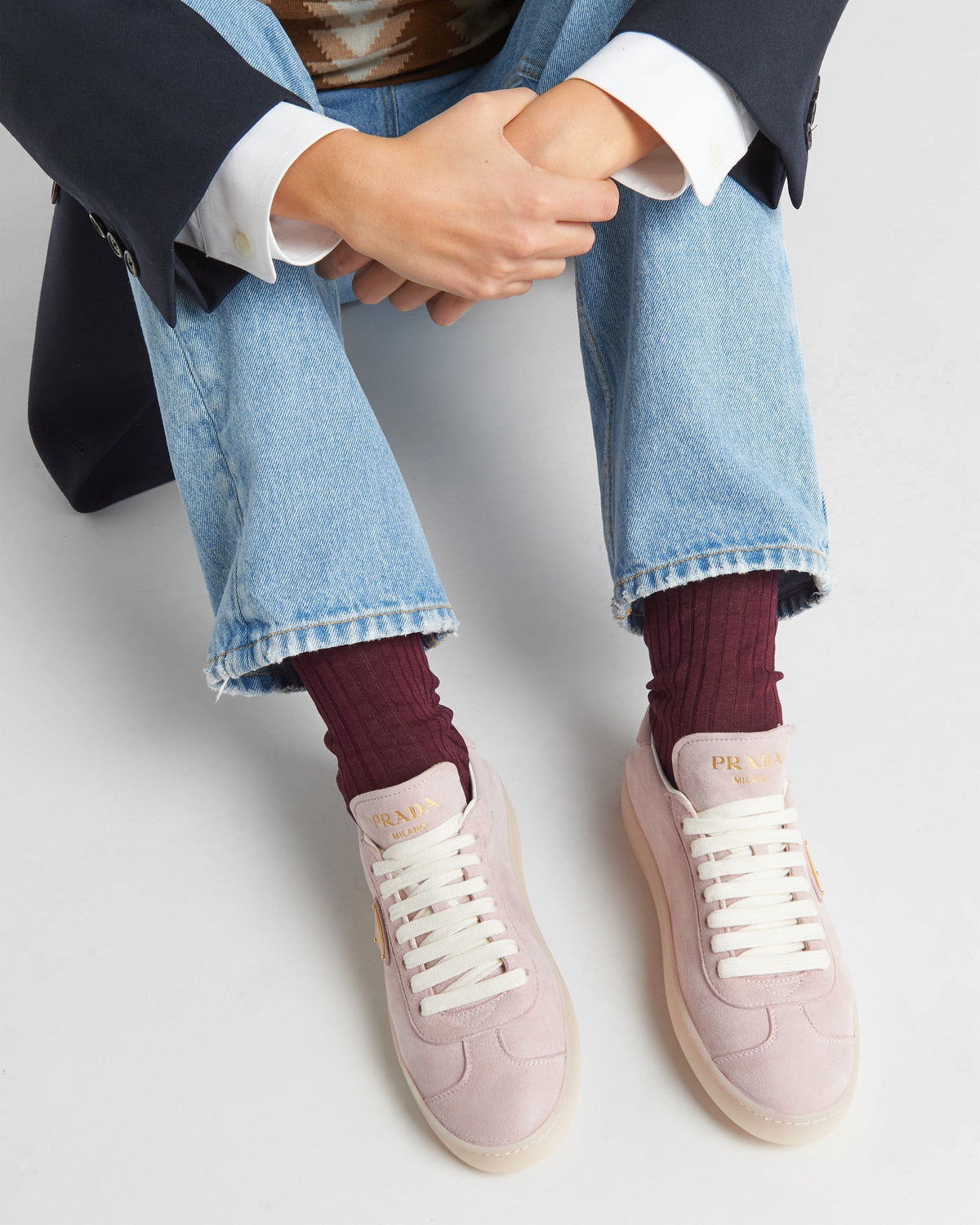 Suede sporty sneakers – the iconic enameled metal triangle logo embellishes the suede upper that combines – LUX VERSE Luxury Designer Fashion Outlet