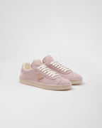 Suede sporty sneakers – leather lining Enameled metal triangle logo Flat cotton laces Rubber sole, 25 mm – LUX VERSE Luxury Designer Fashion Outlet